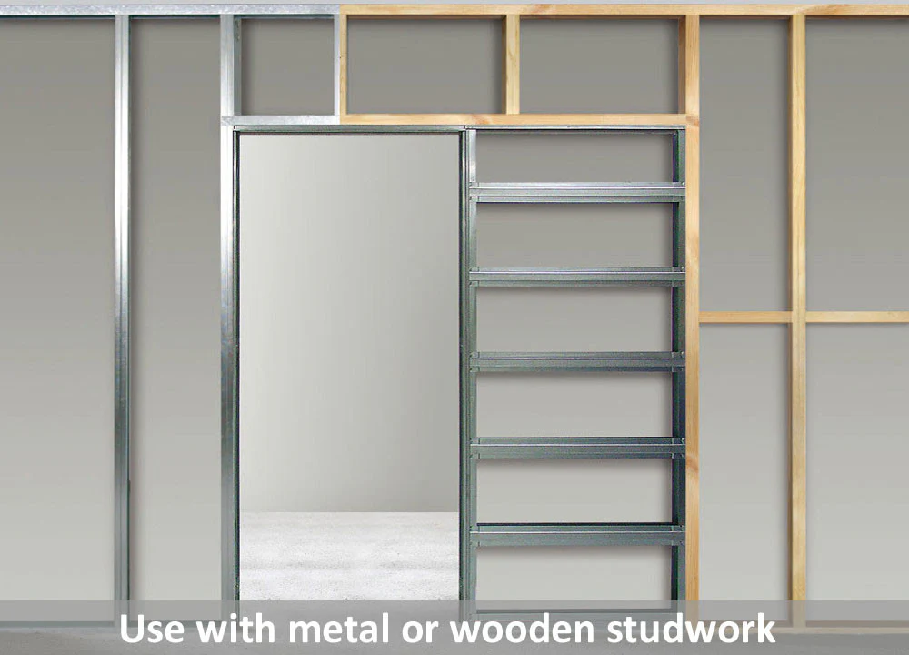 Classic DOUBLE Plain Satin 8mm Glass Pocket Door- Stainless Steel Round Handle - Image 5
