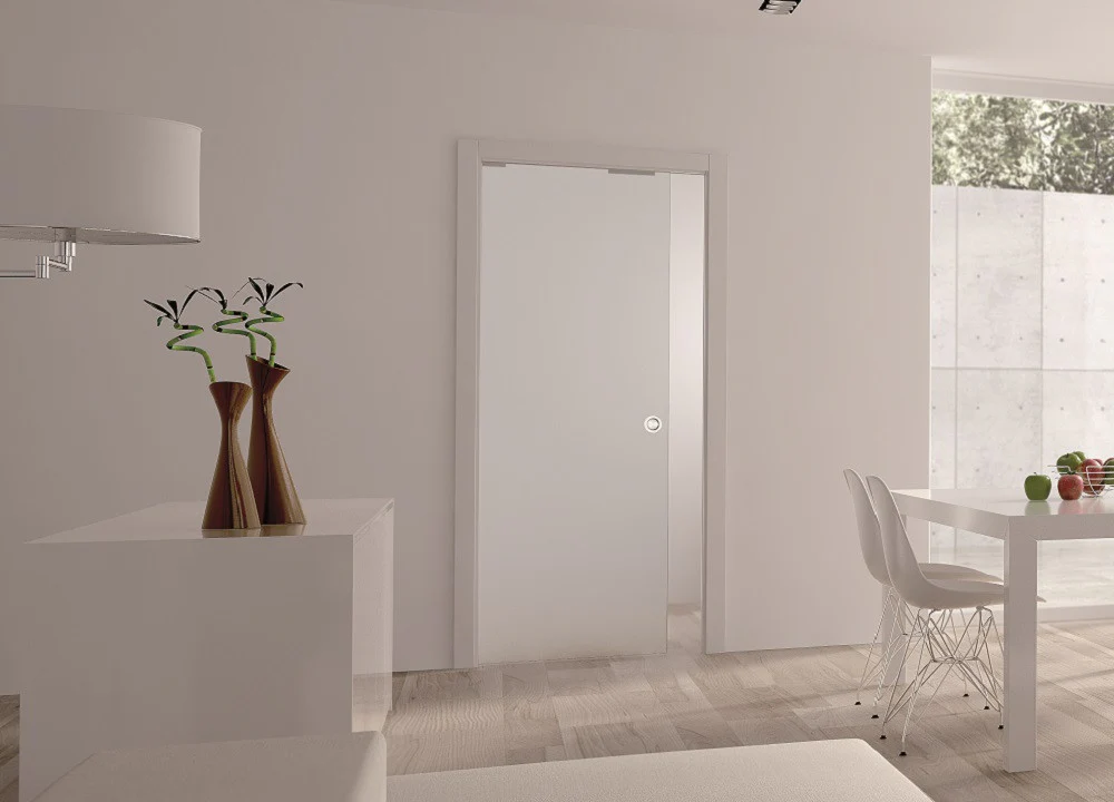 Classic SINGLE Plain Satin 8mm Glass Pocket Door- Stainless Steel Round Handle