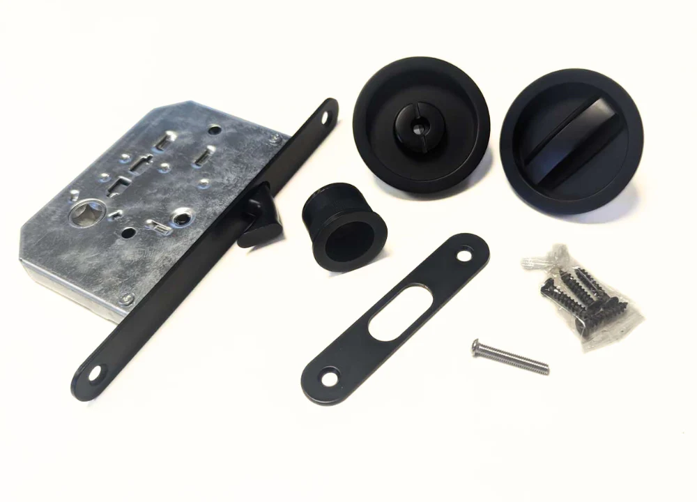 Round Bathroom / Privacy Lock Set For Sliding Pocket Door - Painted Black - Image 2