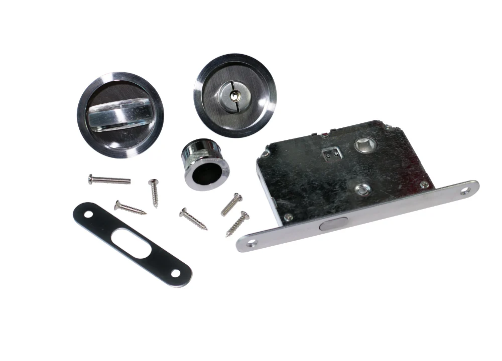 Round  Bathroom / Privacy Lock Set For Sliding Pocket Door - Satin Chrome - Image 3